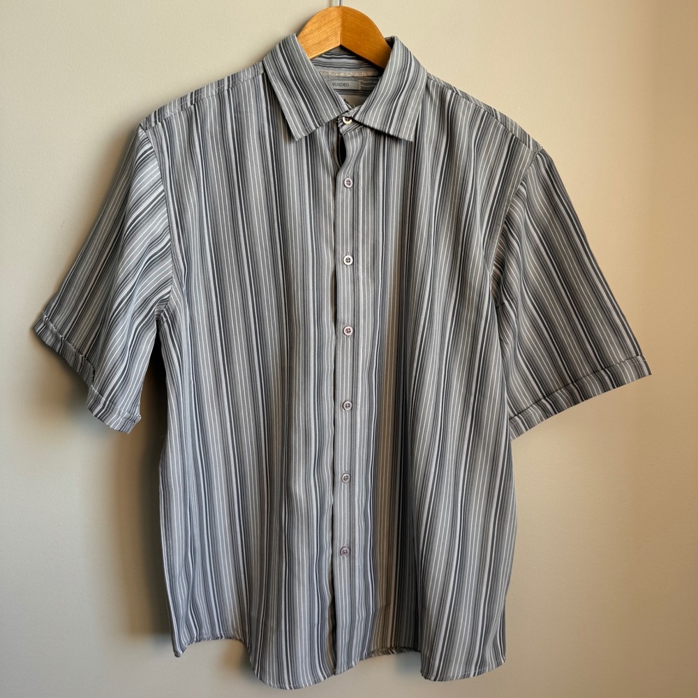 Bruno New York Sueded Striped Short Sleeve Button Up Shirt Grey Mens Large